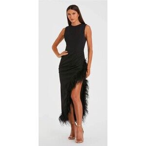 Ieena for Mac Duggal Black Ruched High-Low Sheath Dress with Feather Trim Sz 6